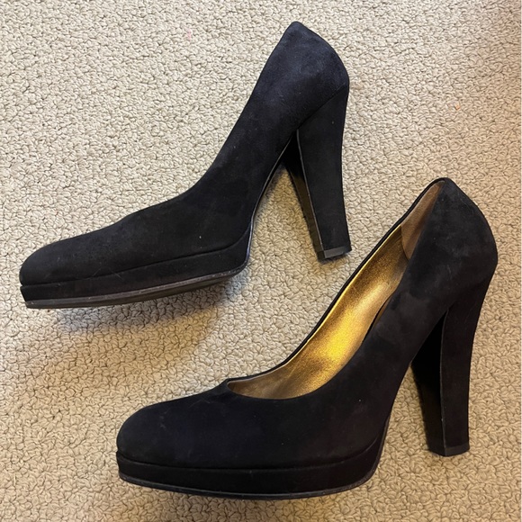 Miu Miu Black Suede Pump Round Almond Toe Block Heels Leather Italy cLassic Shoe - Picture 10 of 12